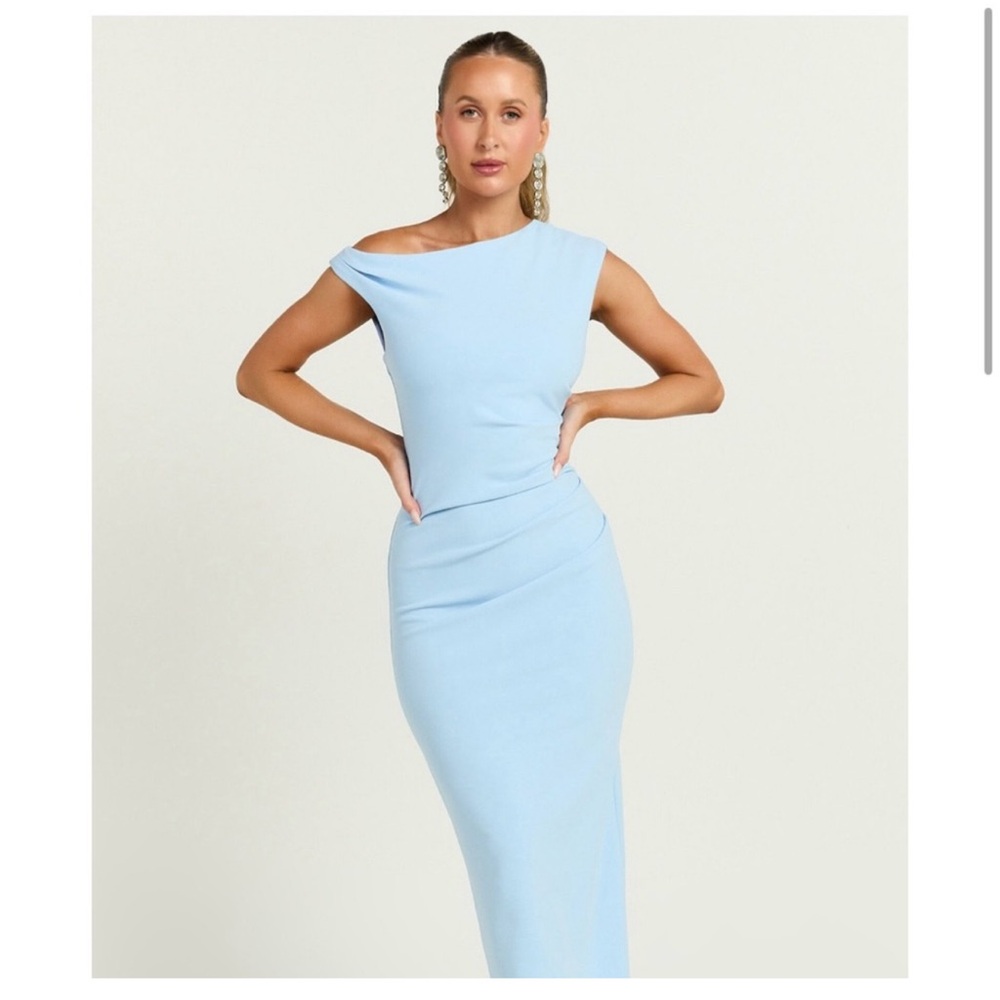 Showpo Off the Shoulder Genie Dress in Light Blue